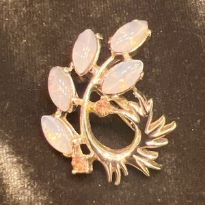 Gold Tone Leaf Wreath Brooch-5 Milky Oval Opals & Champagne Center Stone